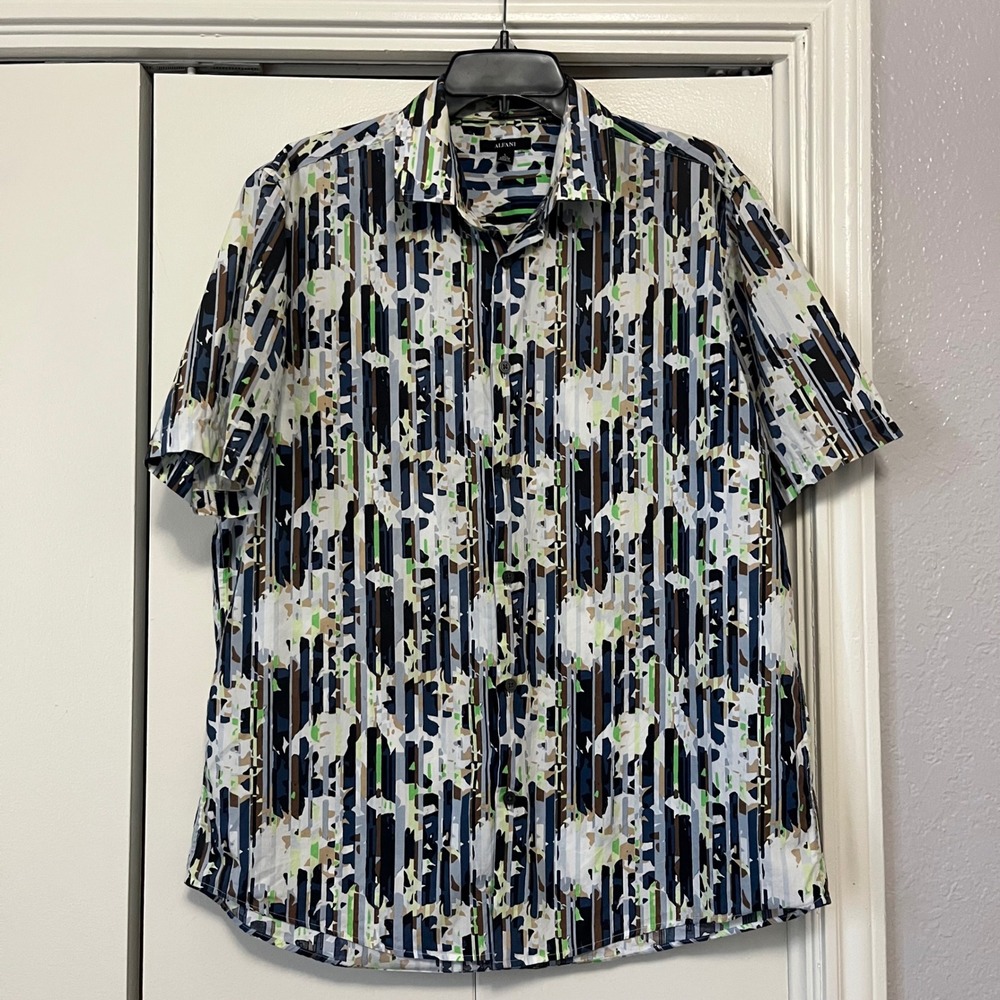Alfani Mens Geometric Stripe Short Sleeve‎ Button Up Shirt Size L